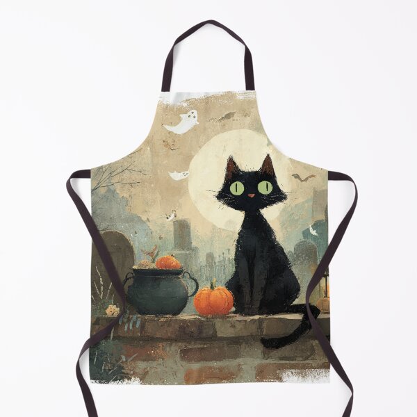 Item preview, Black Cat Autumn Haloween Ghosts Bats Scene Illustration designed and sold by GrinGalore.