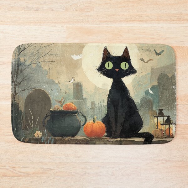 Item preview, Black Cat Autumn Haloween Ghosts Bats Scene Illustration designed and sold by GrinGalore.