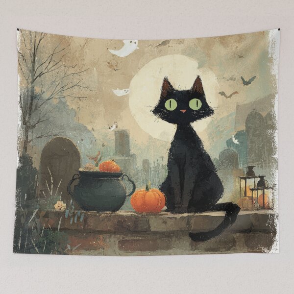 Item preview, Black Cat Autumn Haloween Ghosts Bats Scene Illustration designed and sold by GrinGalore.