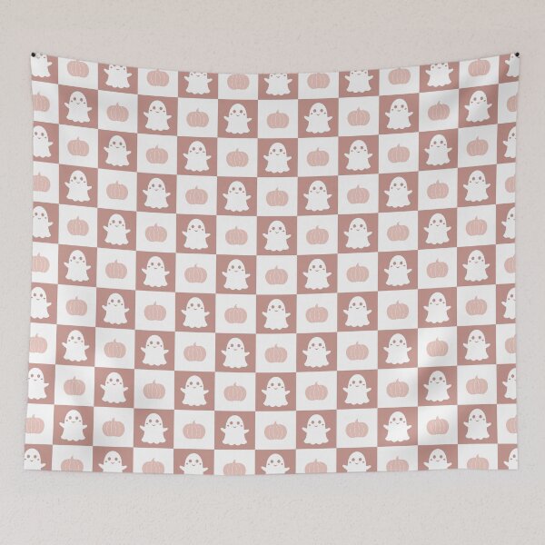 Item preview, Pink Checkered Halloween Pattern with Ghost and Pumpkin designed and sold by Julza Art.