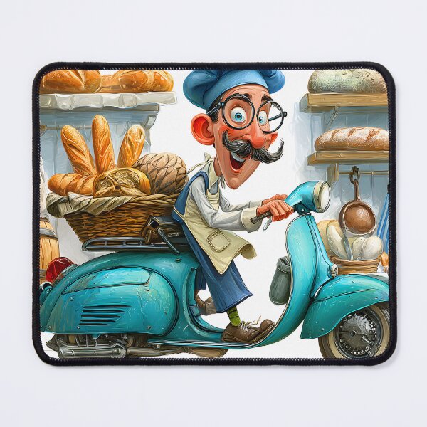 Item preview, Cheerful baker with scooter delivering fresh bread designed and sold by Artessie.