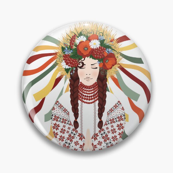 Item preview, Pray for Ukraine. A Ukrainian woman prays in an embroidered vyshyvanka and a wreath of wildflowers, poppies, daisies, viburnum, herbs, and ears of wheat designed and sold by KosaUA.