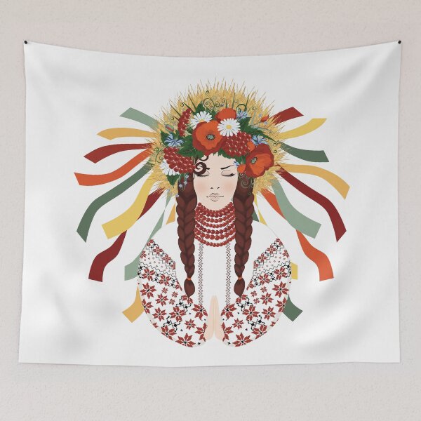 Item preview, Pray for Ukraine. A Ukrainian woman prays in an embroidered vyshyvanka and a wreath of wildflowers, poppies, daisies, viburnum, herbs, and ears of wheat designed and sold by KosaUA.