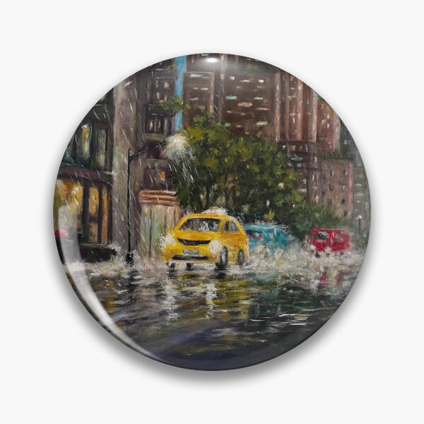 Item preview, Rainy Night in New York City.  Colorful reflections and splashing rain. Skyscrapers in darkening sky with yellow taxi and cars. designed and sold by KarenZuk.