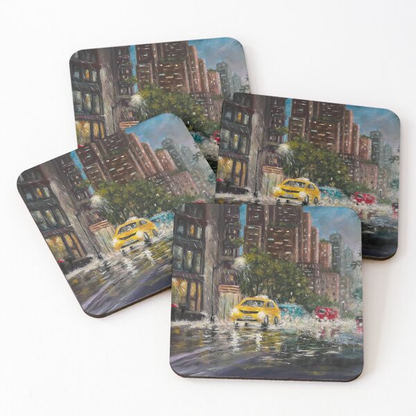 Item preview, Rainy Night in New York City.  Colorful reflections and splashing rain. Skyscrapers in darkening sky with yellow taxi and cars. designed and sold by KarenZuk.