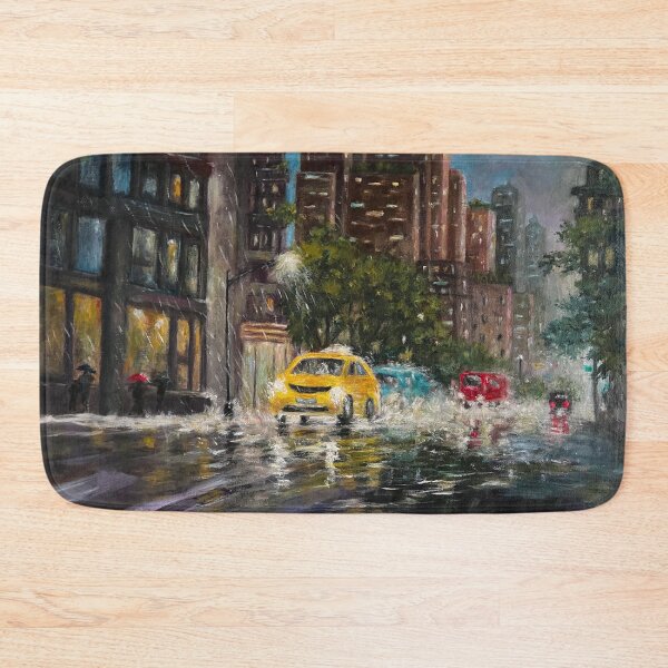 Item preview, Rainy Night in New York City.  Colorful reflections and splashing rain. Skyscrapers in darkening sky with yellow taxi and cars. designed and sold by KarenZuk.