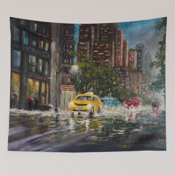 Item preview, Rainy Night in New York City.  Colorful reflections and splashing rain. Skyscrapers in darkening sky with yellow taxi and cars. designed and sold by KarenZuk.