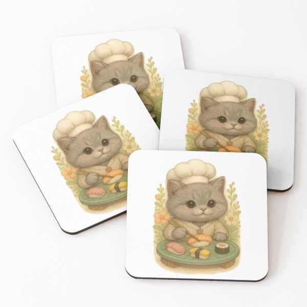 Item preview, Cute Grey British Shorthair Kitten Sushi Chef with Sushi - Cute Japanese Cottagecore Art designed and sold by Moons Studio.