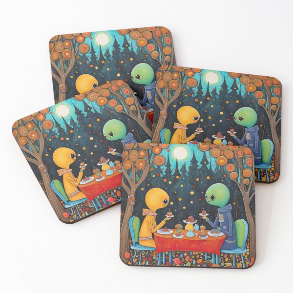 Item preview, Two Alien's wearing Hoodies having a romantic dinner on in the middle of a forest during autumn designed and sold by Colin Bentham.