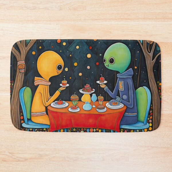Item preview, Two Alien's wearing Hoodies having a romantic dinner on in the middle of a forest during autumn designed and sold by Colin Bentham.