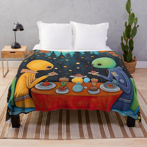 Item preview, Two Alien's wearing Hoodies having a romantic dinner on in the middle of a forest during autumn designed and sold by Colin Bentham.
