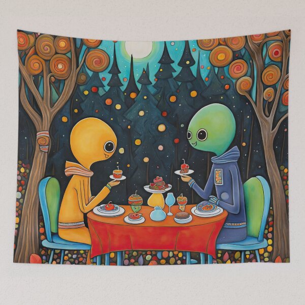 Item preview, Two Alien's wearing Hoodies having a romantic dinner on in the middle of a forest during autumn designed and sold by Colin Bentham.