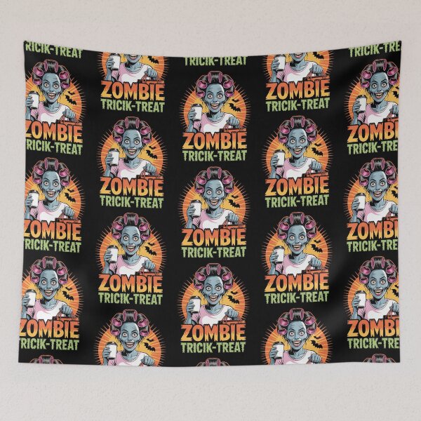 Item preview, ZOMBIE TRICK-TREAT” mom with curlers, coffee, and bats - Retro Comic Halloween Night Humor Vibes designed and sold by Taans-Creation.