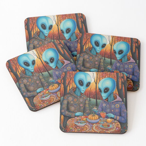 Item preview, Two Alien's wearing Hoodies having a romantic dinner on in the middle of a forest during autumn designed and sold by Colin Bentham.