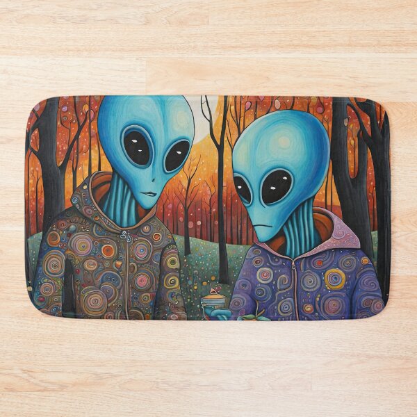 Item preview, Two Alien's wearing Hoodies having a romantic dinner on in the middle of a forest during autumn designed and sold by Colin Bentham.