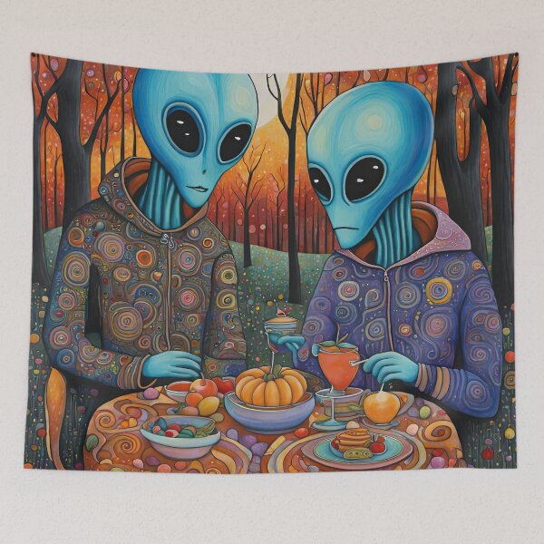 Item preview, Two Alien's wearing Hoodies having a romantic dinner on in the middle of a forest during autumn designed and sold by Colin Bentham.