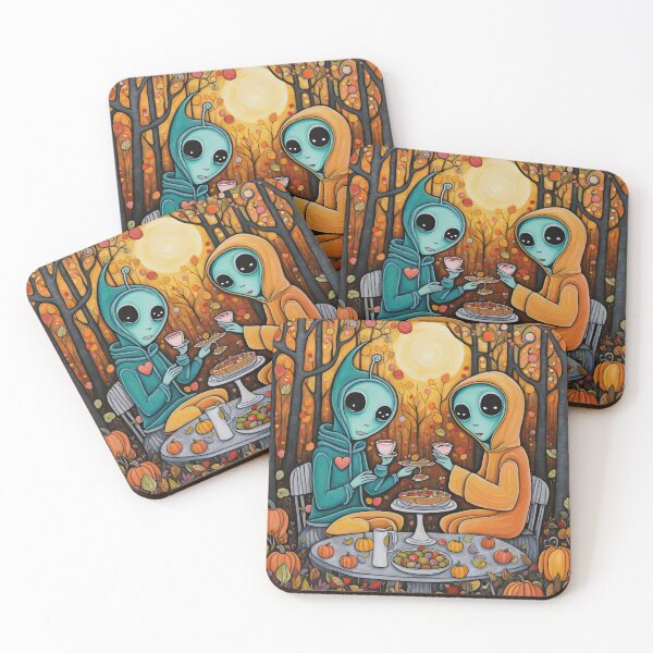 Item preview, Two Alien's wearing Hoodies having a romantic dinner on in the middle of a forest during autumn designed and sold by Colin Bentham.