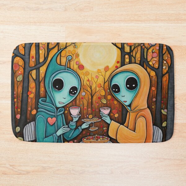 Item preview, Two Alien's wearing Hoodies having a romantic dinner on in the middle of a forest during autumn designed and sold by Colin Bentham.