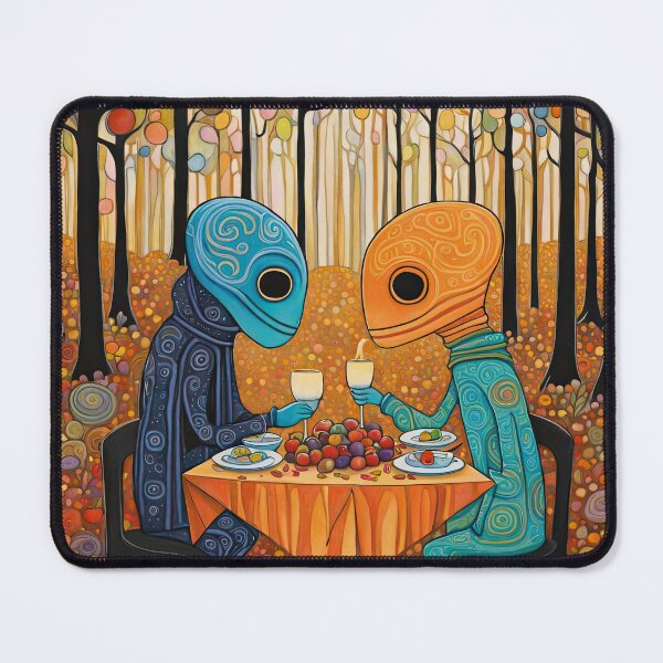 Item preview, Two Alien's wearing Hoodies having a romantic dinner on in the middle of a forest during autumn designed and sold by Colin Bentham.