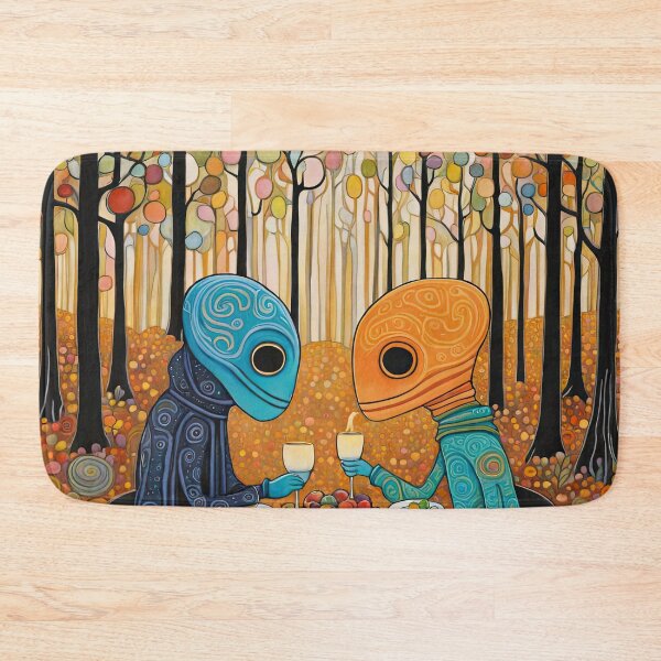 Item preview, Two Alien's wearing Hoodies having a romantic dinner on in the middle of a forest during autumn designed and sold by Colin Bentham.