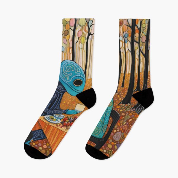 Item preview, Two Alien's wearing Hoodies having a romantic dinner on in the middle of a forest during autumn designed and sold by Colin Bentham.