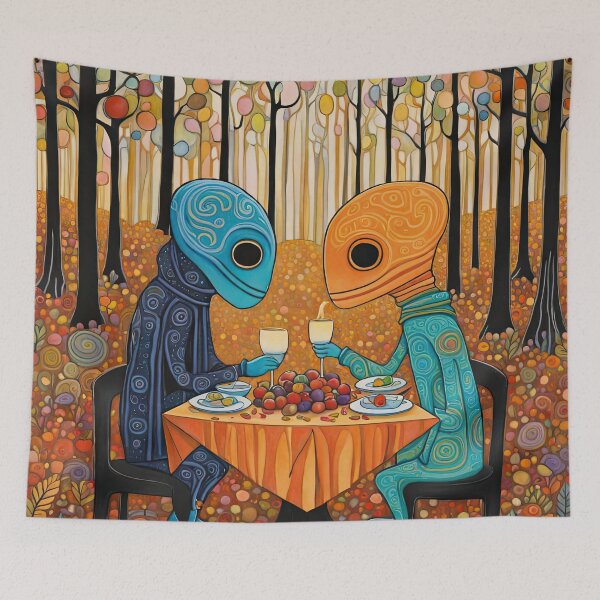 Item preview, Two Alien's wearing Hoodies having a romantic dinner on in the middle of a forest during autumn designed and sold by Colin Bentham.