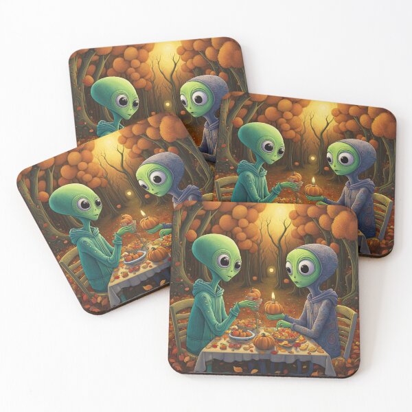Item preview, Two Alien's wearing Hoodies having a romantic dinner on in the middle of a forest during autumn designed and sold by Colin Bentham.