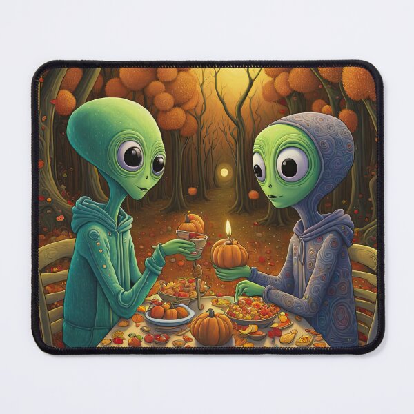 Item preview, Two Alien's wearing Hoodies having a romantic dinner on in the middle of a forest during autumn designed and sold by Colin Bentham.