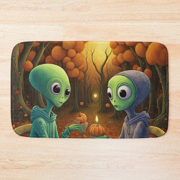 Item preview, Two Alien's wearing Hoodies having a romantic dinner on in the middle of a forest during autumn designed and sold by Colin Bentham.