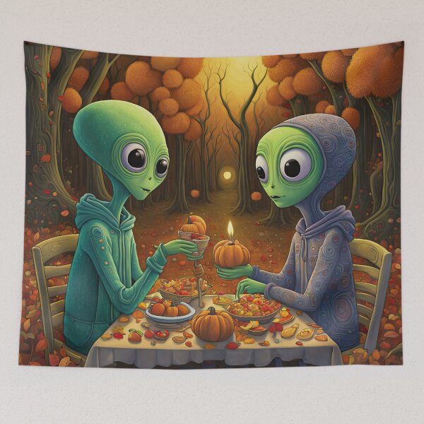 Item preview, Two Alien's wearing Hoodies having a romantic dinner on in the middle of a forest during autumn designed and sold by Colin Bentham.