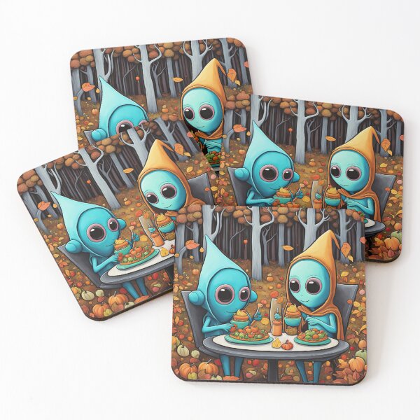 Item preview, Two Alien's wearing Hoodies having a romantic dinner on in the middle of a forest during autumn designed and sold by Colin Bentham.
