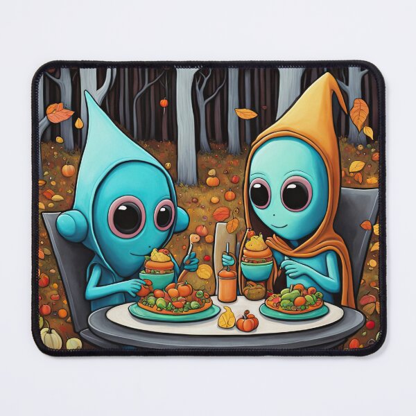 Item preview, Two Alien's wearing Hoodies having a romantic dinner on in the middle of a forest during autumn designed and sold by Colin Bentham.
