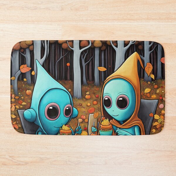 Item preview, Two Alien's wearing Hoodies having a romantic dinner on in the middle of a forest during autumn designed and sold by Colin Bentham.