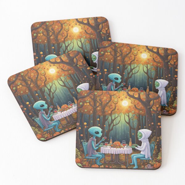 Item preview, Two Alien's wearing Hoodies having a romantic dinner on in the middle of a forest during autumn designed and sold by Colin Bentham.