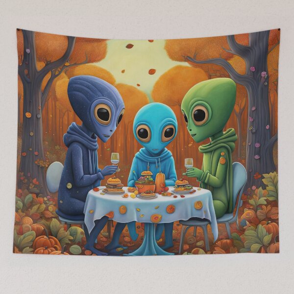 Item preview, Alien's wearing Hoodies having a romantic dinner on in the middle of a forest during autumn designed and sold by Colin Bentham.
