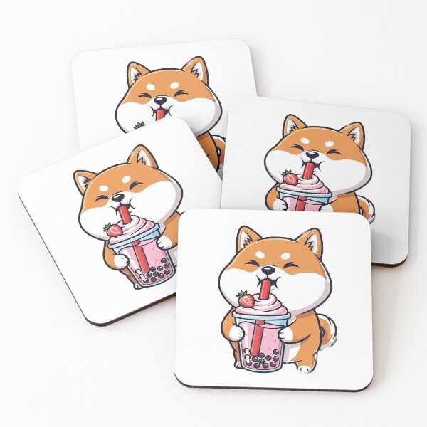 Item preview, Cute Shiba Inu Drinking Strawberry Boba Tea designed and sold by ChameloX.