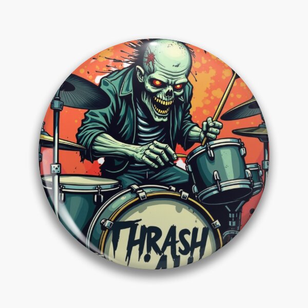 Item preview, Zombie destroying a drum kit, comic book punk style designed and sold by NoiseWear.