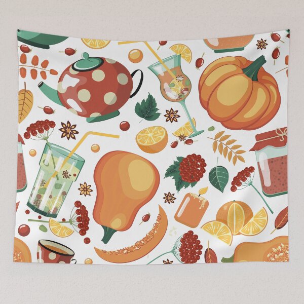 Item preview, Seamless Autumn Pattern with Pumpkins, Rose Hips, Orange Tea, Mulled Wine, and Cozy Seasonal Elements designed and sold by KosaUA.