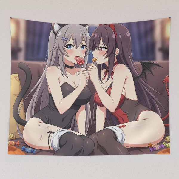 Item preview, Catgirl & Devil Yuri – Halloween Candy Lollipop Anime Waifu Art designed and sold by GerwantSHOP.