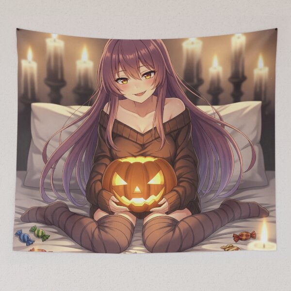 Item preview, Cozy Pumpkin Waifu – Jack-O’-Lantern Anime Girl Candlelight Poster designed and sold by GerwantSHOP.