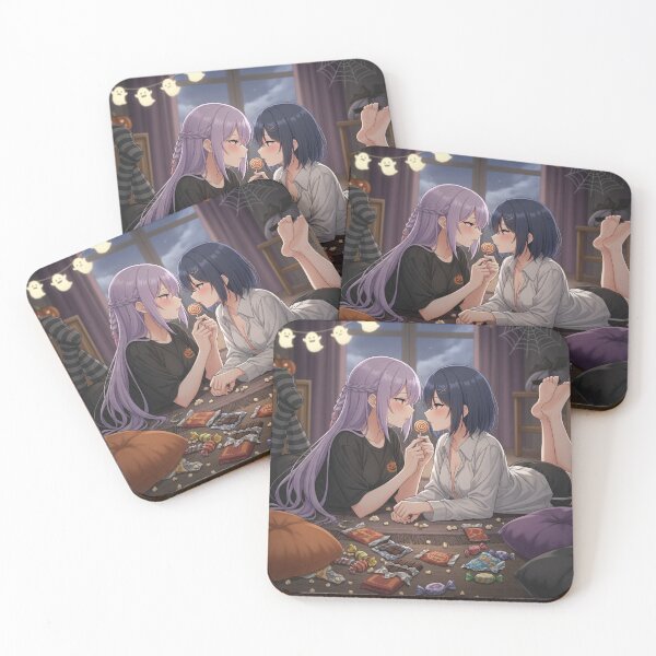 Item preview, Yuri Sleepover – Cute Anime Girls Almost Kiss with Halloween Candy designed and sold by GerwantSHOP.