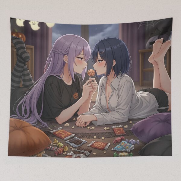 Item preview, Yuri Sleepover – Cute Anime Girls Almost Kiss with Halloween Candy designed and sold by GerwantSHOP.