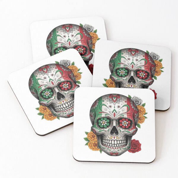 Item preview, Mexican Flag Sugar Skull with Aztec Floral Motifs designed and sold by Tropical art.