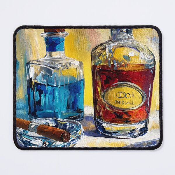 Item preview, Cigar and Spirits Harmony - Vibrant Glass Bottles and Elegant Leisure in Bold Colors designed and sold by OlfactoART Studio.
