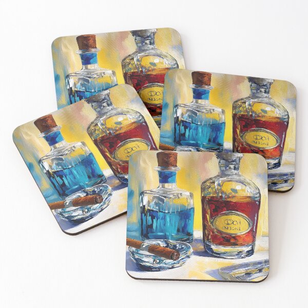 Item preview, Cigar and Spirits Harmony - Vibrant Glass Bottles and Elegant Leisure in Bold Colors designed and sold by OlfactoART Studio.