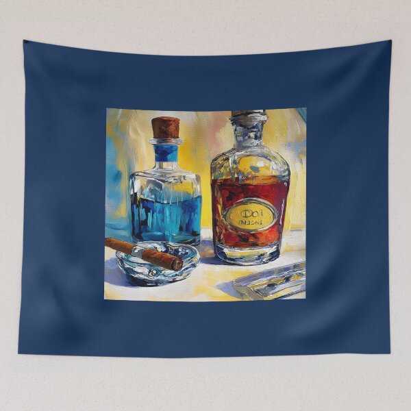 Item preview, Cigar and Spirits Harmony - Vibrant Glass Bottles and Elegant Leisure in Bold Colors designed and sold by OlfactoART Studio.