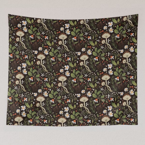 Item preview, Dark Cottagecore Mushroom Pattern – Woodland Fungi and Autumn Foliage designed and sold by smeraldosecrets.