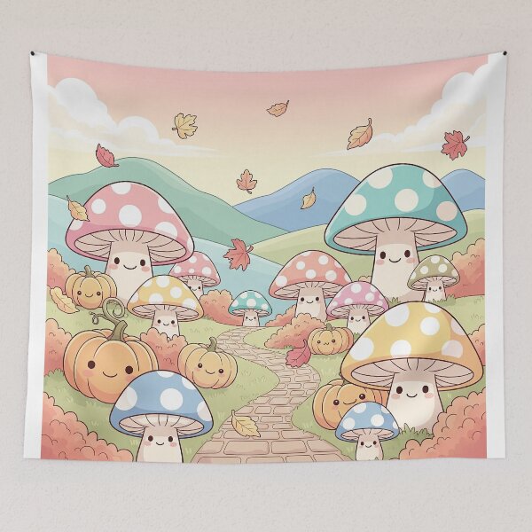Item preview, Kawaii Autumn Landscape – Cute Chibi Mushrooms & Pumpkins designed and sold by Iras-Art-Corner.