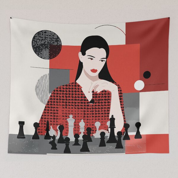 Item preview, Elegant Woman with Chess – Minimalist Geometric Illustration designed and sold by Moss and Moon Studio.