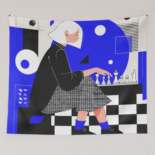 Item preview, Elegant Woman with Chess – Minimalist Geometric Illustration designed and sold by Moss and Moon Studio.
